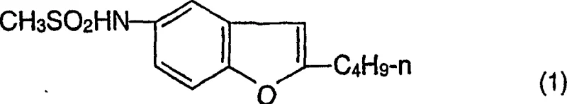 Chemical structure of 2-butyl-5-methylsulfonamido-benzofuran showing the benzofuran core with butyl and methylsulfonamido substituents