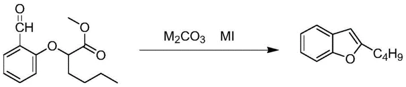 Reaction scheme showing the conversion of methyl 2-(2-formylphenoxy)hexanoate to 2-butylbenzofuran using M2CO3 and MI catalysts