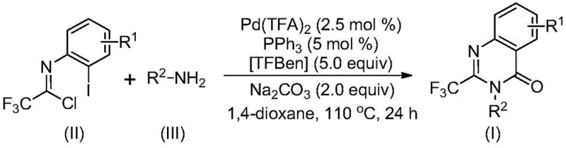 General reaction scheme showing Pd-catalyzed synthesis of 2-trifluoromethyl quinazolinones from imidoyl chlorides and amines