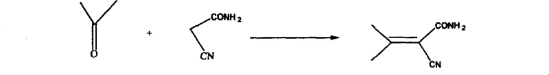 Chemical reaction showing condensation of cyanoacetamide and acetone to form Condensate I