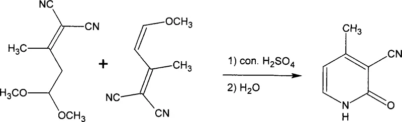 Cyclization reaction mechanism showing the conversion of dinitrile intermediates to 3-cyano-4-picoline-2-one using sulfuric acid