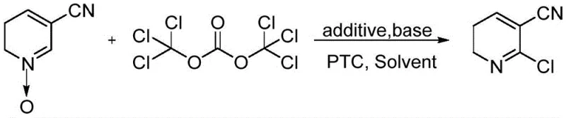 Reaction scheme showing the green chlorination of 3-cyanopyridine N-oxide to 2-chloro-3-cyanopyridine using bis(trichloromethyl) carbonate with additives and base