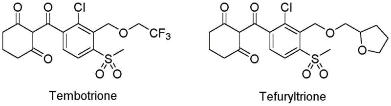 Chemical structures of Tembotrione and Tefuryltrione herbicides showing the core benzoic acid scaffold