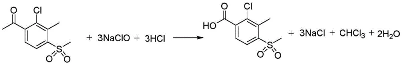 Conventional haloform reaction mechanism using sodium hypochlorite showing wastewater generation