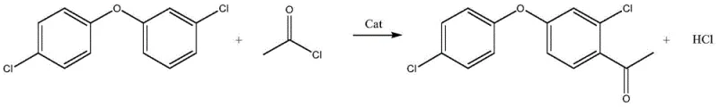 Reaction scheme showing the Friedel-Crafts acylation of diphenyl ether with acetyl chloride catalyzed by Lewis acid to form 2-chloro-4-(4-chlorophenoxy)-acetophenone