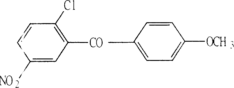 Chemical structure of 2-chloro-5-nitrophenyl-4'-methoxybenzophenone showing the benzophenone core with chloro, nitro, and methoxy substituents