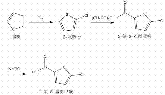 Reaction scheme showing the three-step synthesis of 2-chloro-5-thiophene formic acid from thiophene via chlorination, acetylation, and oxidation