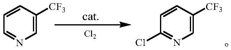 Chemical reaction scheme showing the conversion of 3-trifluoromethylpyridine to 2-chloro-5-trifluoromethylpyridine using Cl2 and a catalyst