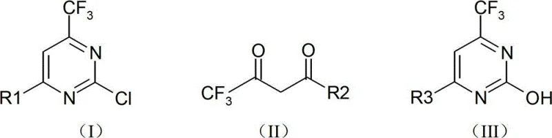 General reaction scheme showing the conversion of trifluoroacetyl derivatives and urea into hydroxy and chloro pyrimidine intermediates