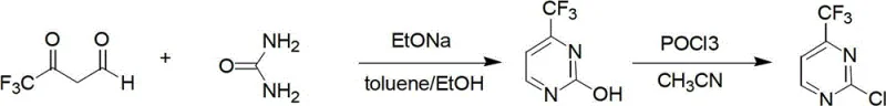 Specific synthesis route for 2-chloro-4-trifluoromethyl pyrimidine showing reagents and conditions