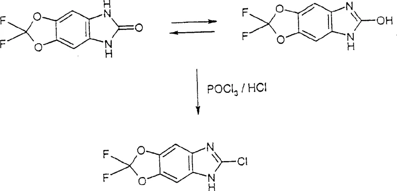 Reaction scheme showing the conversion of 1,3-dihydrobenzimidazol-2-one to 2-chlorobenzimidazole using POCl3 and HCl