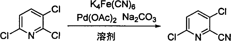 Reaction scheme showing the conversion of 2,3,6-trichloropyridine to 2-cyano-3,6-dichloropyridine using K4Fe(CN)6 and Pd catalyst