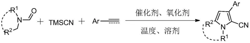 General reaction scheme for three-component tandem synthesis of 2-cyano-3-arylpyrroles using formamide, TMSCN, and aryl alkene/alkyne