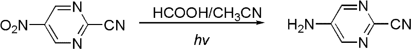 Reaction scheme showing cyanation with NaCN/DABCO and subsequent photochemical reduction to 2-cyano-5-aminopyrimidine