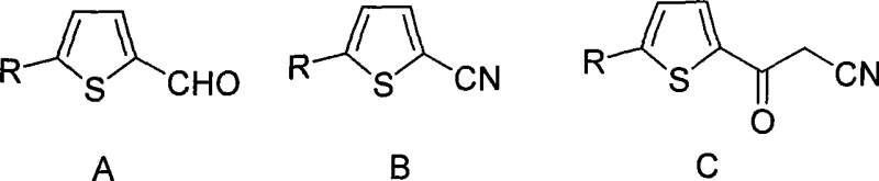 Reaction scheme showing the conversion of 5-substituted thiophene-2-carbaldehyde (A) to nitrile (B) and finally to 2-cyanoacetyl-5-substituted thiophene (C)