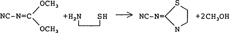 Reaction scheme showing the cyclization of N-cyanocarbonimidic acid dimethyl ester with 2-aminoethanethiol to form 2-cyanoimino-1,3-thiazolidine