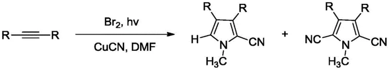 Synthesis using bromine and cuprous cyanide showing toxicity limitations