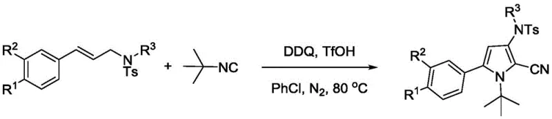General reaction scheme showing TfOH catalyzed formation of 2-cyanopyrrole from cinnamamine and t-BuNC