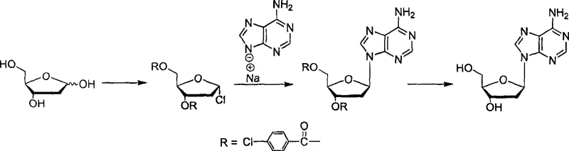 Reaction scheme showing the conversion of deoxyribose to protected chloro-sugar, coupling with adenine sodium salt, and final deprotection to 2-deoxy-beta-adenosine