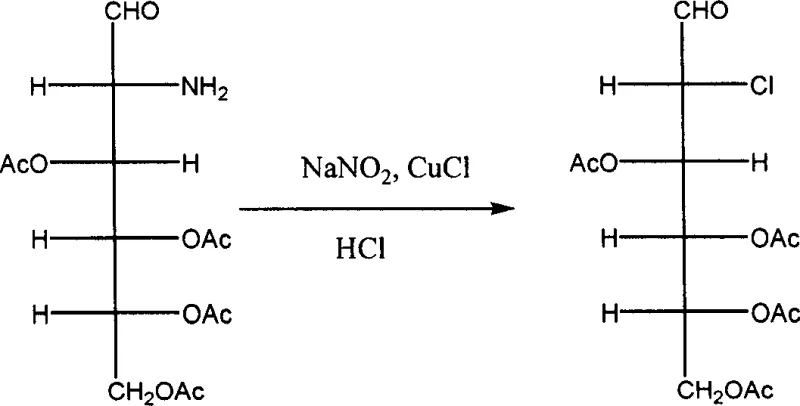 Diazotization and chlorination of 2-amino sugar to 2-chloro derivative