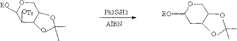 Radical deoxygenation step using diphenylsilane and AIBN to remove the C2 tosylate group