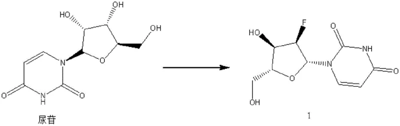 Synthesis of crude 2'-fluoro-2'-deoxyuridine from uridine showing the formation of impurities