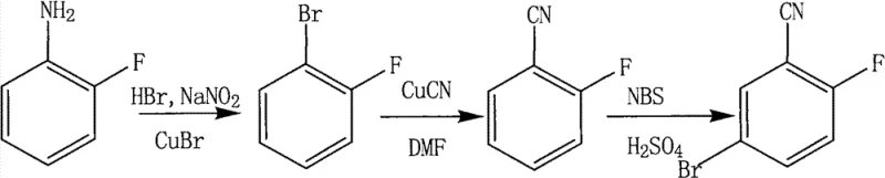 Three-step synthesis route of 2-fluoro-5-bromobenzonitrile from o-fluoroaniline via diazotization, cyanation, and bromination