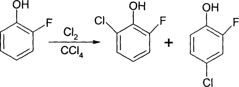 Reaction scheme showing direct chlorination of o-fluorophenol yielding mixed isomers