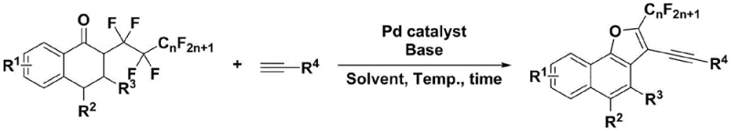 General reaction scheme showing Pd-catalyzed tandem defluorination and alkynylation of alpha-perfluoroalkyl tetralones