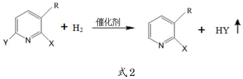 Reaction scheme showing the hydrogen substitution of precursor compound B to form pyridine halide A using H2 and catalyst