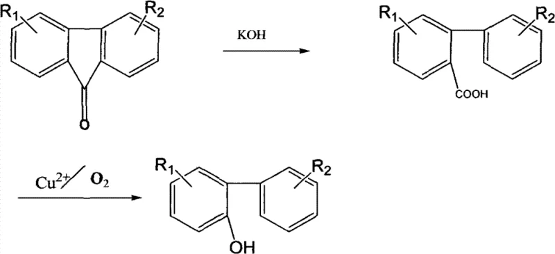 General reaction scheme showing the conversion of 9-fluorenone derivatives to 2-hydroxyl biphenyl compounds via biphenyl-2-carboxylic acid intermediates using KOH and Copper catalysis