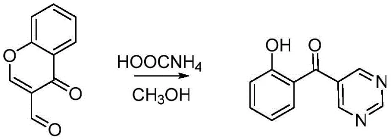 Reaction scheme showing the one-step conversion of chromone-3-formaldehyde to 2-hydroxyphenyl-5-pyrazinyl ketone using ammonium formate and Pd catalyst