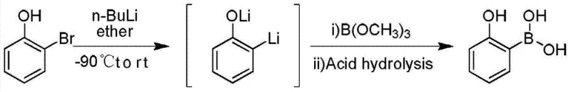 Prior art reaction scheme showing synthesis from o-bromophenol using two equivalents of n-butyllithium