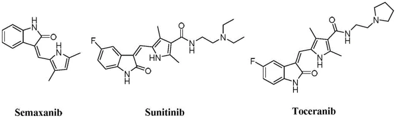 Chemical structures of reference tyrosine kinase inhibitors Semaxanib, Sunitinib, and Toceranib