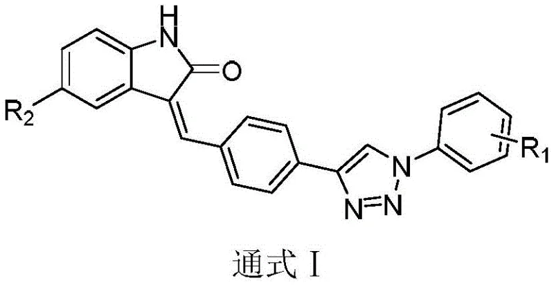 General structural formula I of the novel 2-indolone-triazole antitumor compounds