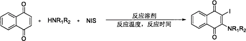 General reaction scheme showing the synthesis of 2-iodo-3-amino naphthoquinone from naphthoquinone, secondary amine, and NIS