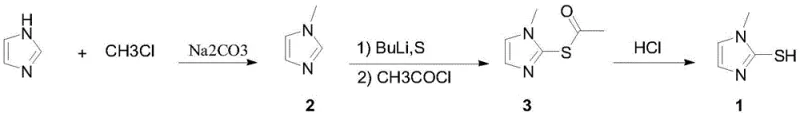 Specific synthesis route for 2-mercapto-1-methylimidazole demonstrating high yield and purity