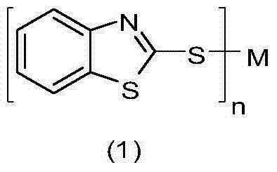 General chemical structure of 2-mercaptobenzothiazole metal compounds where M represents various metals such as Zn, Cu, or Ni