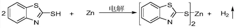 Specific reaction equation showing the electrolysis of 2-mercaptobenzothiazole with Zinc to form bis(2-mercaptobenzothiazole)zinc and hydrogen gas