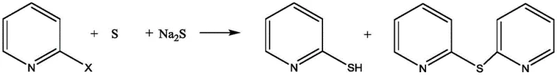 Reaction scheme showing the integrated synthesis of 2-mercaptopyridine and 2,2'-pyridyl sulfide from 2-halopyridine using sulfur and sodium sulfide