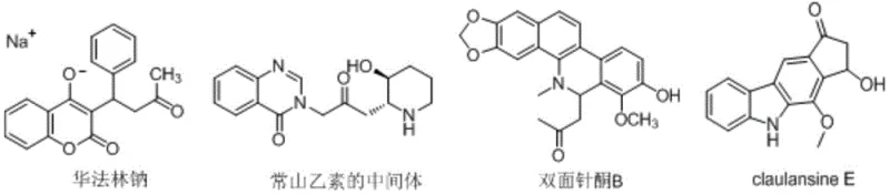 Chemical structures of valuable drug molecules like Warfarin sodium and Claulansine E that utilize acetylmethyl groups