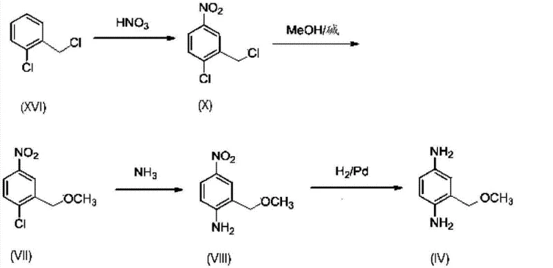 Detailed synthesis flowchart from 2-chlorobenzyl chloride to final diamine