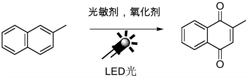 General reaction scheme for photochemical synthesis of 2-methyl-1,4-naphthoquinone from 2-methylnaphthalene using LED light and photosensitizer