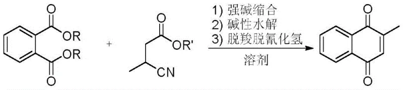 Overall reaction scheme showing condensation of phthalic diester and 3-cyanobutyrate to form 2-methyl-1,4-naphthoquinone