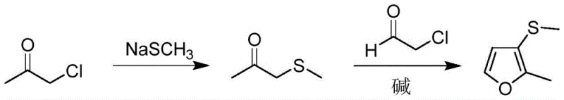 Reaction scheme showing the two-step synthesis of 2-methyl-3-methylmercaptofuran from chloroacetone and sodium methyl mercaptide