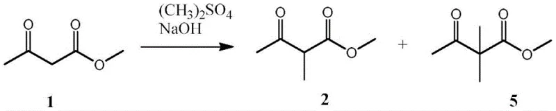 Chemical equation showing the equilibrium and byproduct formation in traditional alkylation of methyl acetoacetate