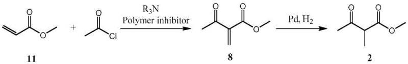 Core synthetic route showing addition of methyl acrylate and acetyl chloride followed by hydrogenation to form 2-methyl acetoacetate