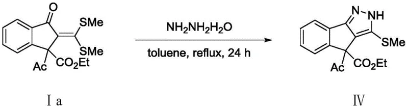 Derivatization reaction converting 2-methylene-1-indanone derivative Ia into polysubstituted pyrazole compound IV