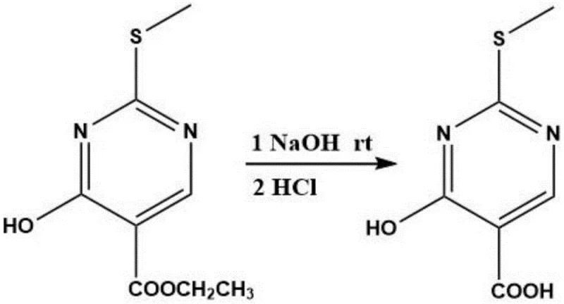 Alkaline hydrolysis of the ethyl ester intermediate to generate the carboxylic acid derivative