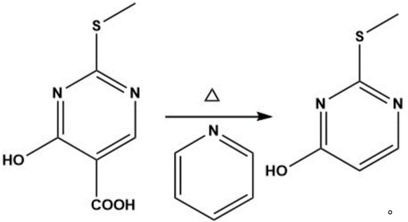 Thermal decarboxylation catalyzed by pyridine to yield the final 2-methylthio-4-pyrimidinone product